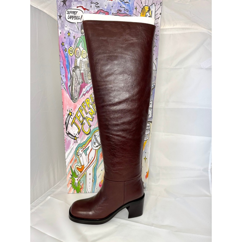 Jeffrey Campbell Vinyl Brown Over The Knee Square Toe Heel Boots Womens 5.5 NIB